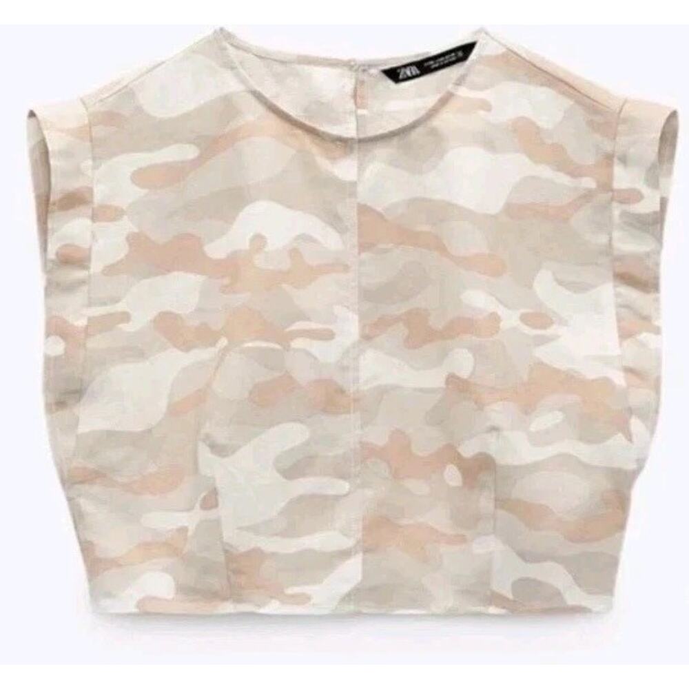 Zara Camo Linen Sleeveless Blouse Patterned Crop Top Tank Tan Women M L